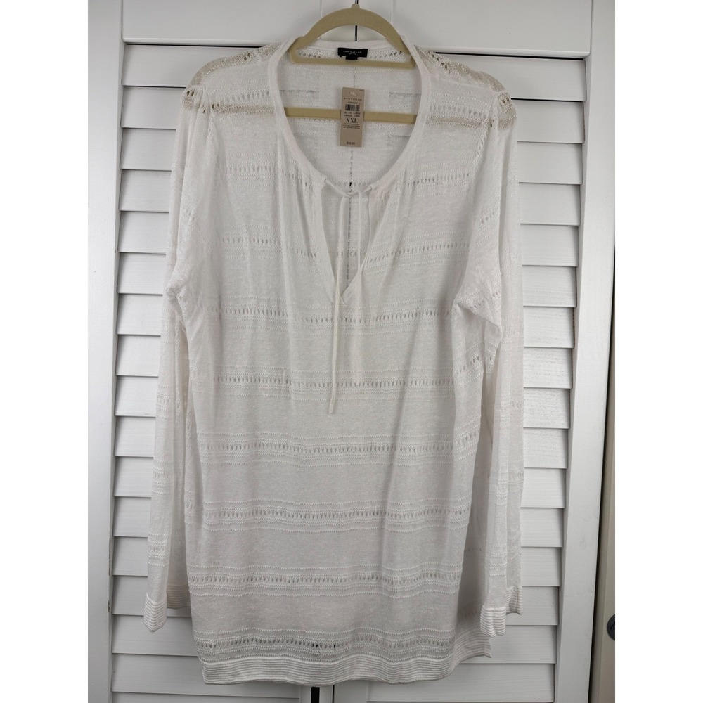 Ann Taylor Sweater XXL White Linen Blend Pointelle Tie Neck Tunic NEW